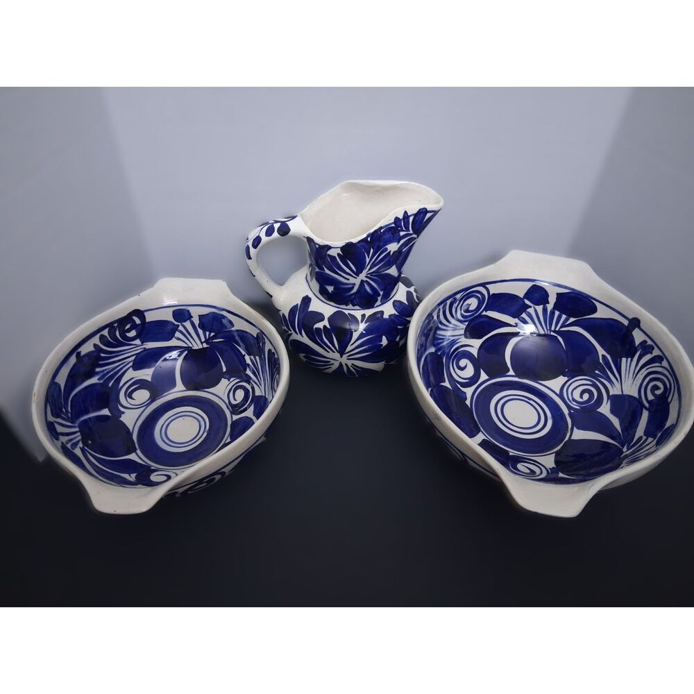 Cobalt Blue and White Talavera "Dos Flores" Lugged Bowls and Water Pitcher